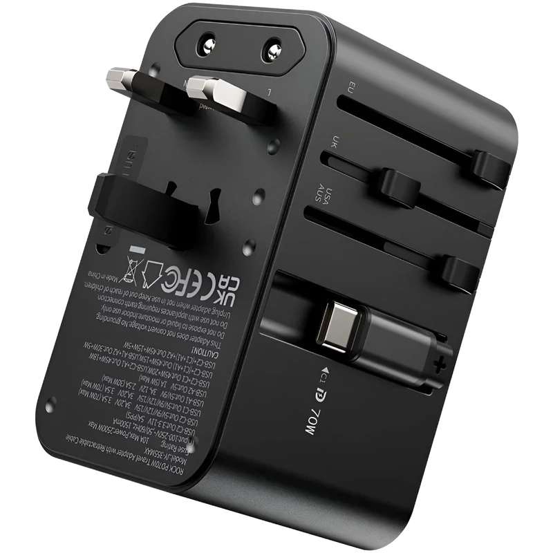 چند راهی برق مکعبی جهانی یک سوکت، دو یو‌اس‌بی و یک تایپ‌سی 70 وات با کابل جمع شونده تایپ‌سی راک JY-355MAX