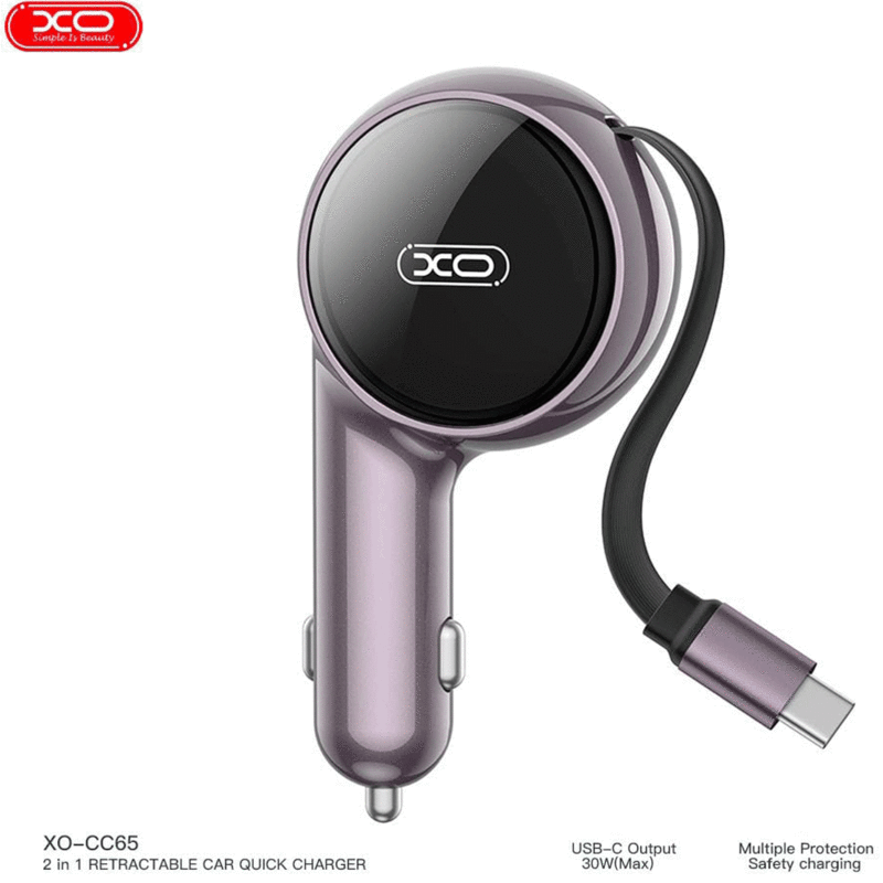 شارژر فندکی فست شارژ خودرو Type-C با کابل تایپ سی 60 وات CC65