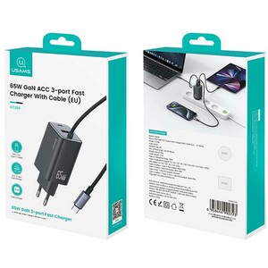 شارژر دیواری تایپ سی 65 وات و کابل شارژ تایپ سی یوسامز  CC266 PD65W