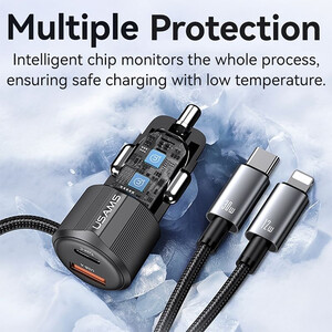 کیفیت شارژر فندکی فست شارژ ماشین تایپ سی و یو‌اس‌بی 66 وات یوسامز با کابل متصل تایپ سی و لایتنینگ