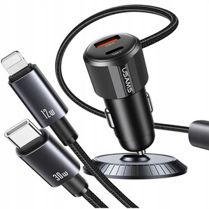 فروش شارژر فندکی فست شارژ ماشین تایپ سی و یو‌اس‌بی 66 وات یوسامز با کابل متصل تایپ سی و لایتنینگ