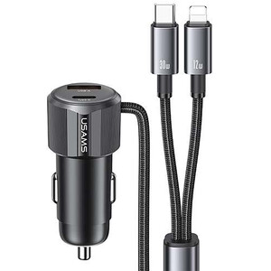 شارژر فندکی فست شارژ ماشین تایپ سی و یو‌اس‌بی 66 وات یوسامز با کابل متصل تایپ سی و لایتنینگ