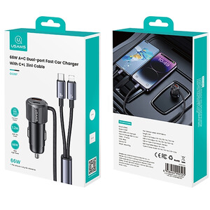 خرید شارژر فندکی فست شارژ ماشین تایپ سی و یو‌اس‌بی 66 وات یوسامز با کابل متصل تایپ سی و لایتنینگ