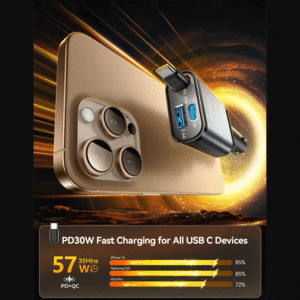 فروش شارژر فندکی تایپ سی و یو اس بی 30 وات با کابل جمع شونده جویروم