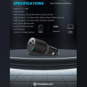 کیفیت شارژر فندکی فست شارژ ماشین تایپ سی و یو اس بی 85 وات پاورولوژی