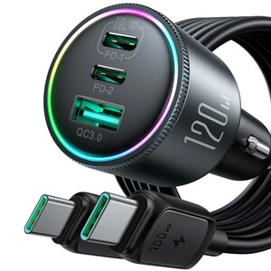 بهترین شارژر فندکی سوپر فست شارژ ماشین تایپ سی 120 وات با کابل دو سر تایپ‌سی جویروم