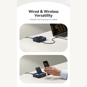 شارژر رومیزی یک یو‌اس‌بی، دو تایپ‌سی و یک کابل تایپ‌سی جمع شونده 140 وات و شارژر وایرلس مگنتی 15 وات تاشو چندکاره بیسوس