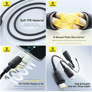 خرید کابل فست شارژ سه سر تایپ سی به تایپ سی، لایتنینگ و میکرو یو اس بی بیسوس