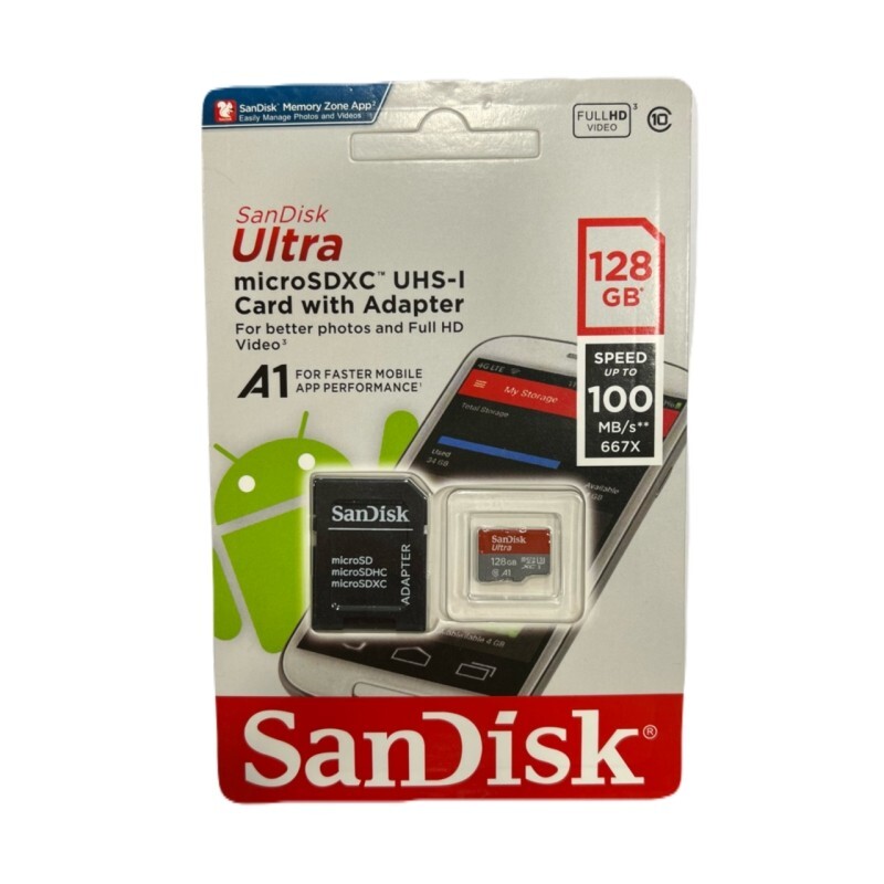 کارت حافظه microSDXC سن دیسک مدل Ultra کلاس A1 استاندارد UHS-I U3 سرعت 100MBps ظرفیت 128 گیگابایت همراه آداپتور SD