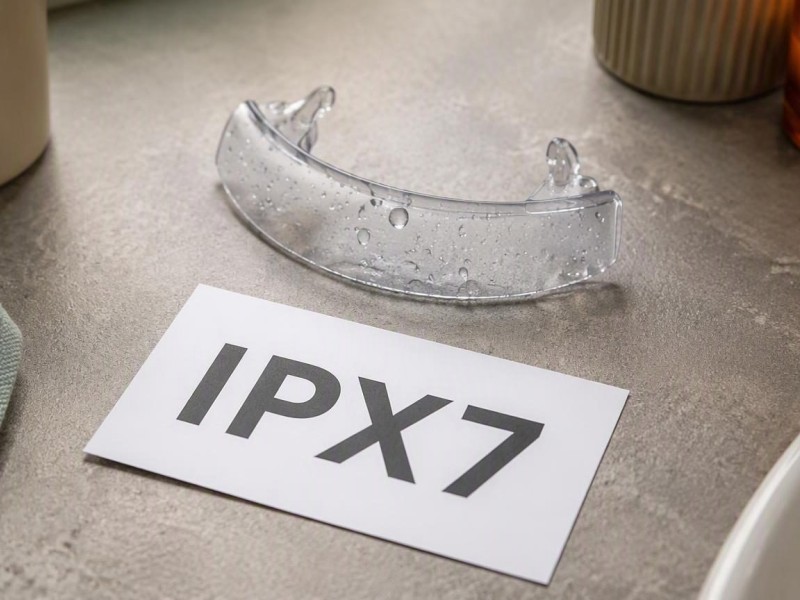 کارت IPX7 و محافظ شفاف با قطرات آب روی میز.