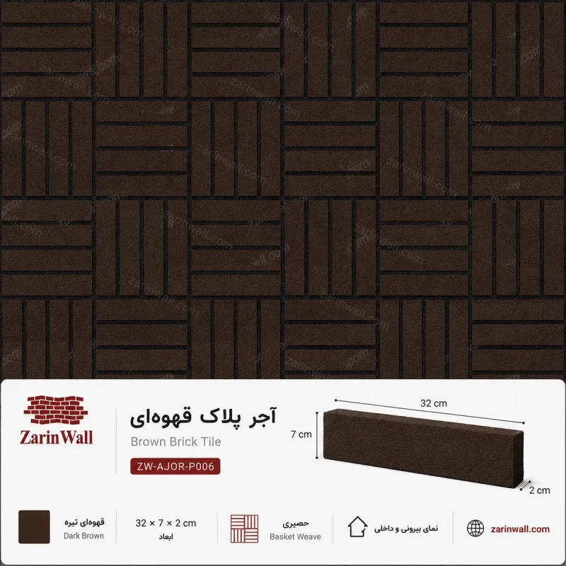 آجر پلاک قهوه‌ای - قهوهای-تیره، 2 × 7 × 32 سانتی‌مترآجر پلاک قهوه‌ایقهوهای-تیره، 2 × 7 × 32 سانتی‌متر