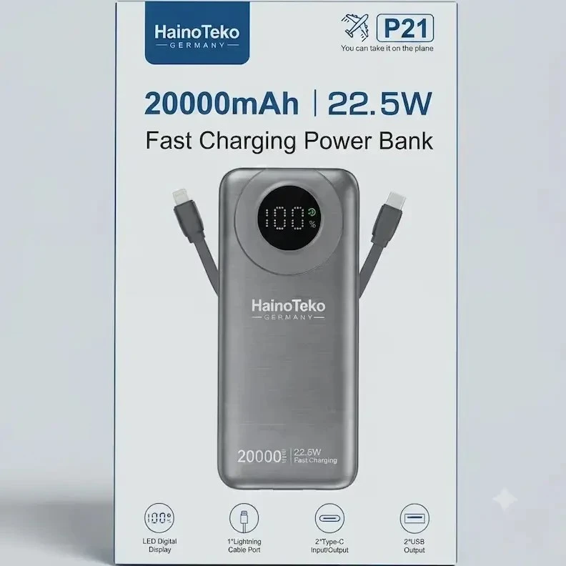 پاوربانک فست شارژ ۲۰۰۰۰ میلیآمپر ساعت هاینو تکو مدل HAINO TEKO P21 با توان ۲۲.۵ وات