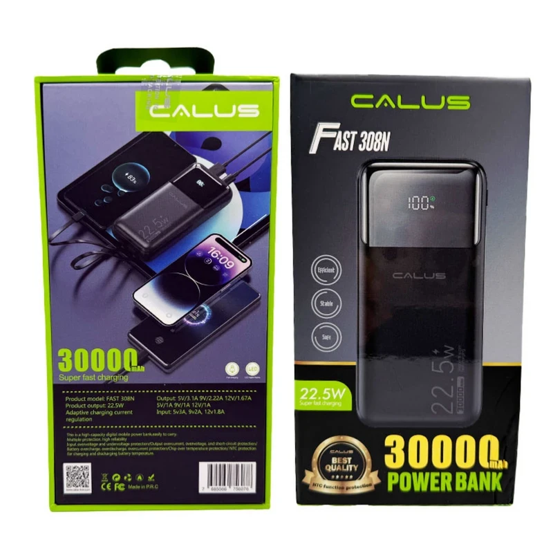 پاوربانک فست شارژ ۳۰۰۰۰ میلیآمپر ساعت کالوس مدل CALUS FAST 308N با توان ۲۲.۵ وات