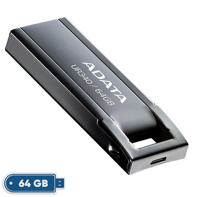 فلش مموری ای دیتا مدل UR340 ظرفیت 64 گیگابایت با بدنه فلزی، رابط USB 3.2 Gen1 Type-A، سرعت انتقال 100 مگابایت بر ثانیه و پشتیبانی از سیستم‌عامل‌های ویندوز، مک و لینوکس
