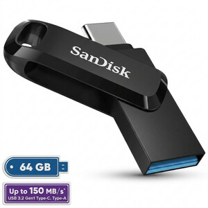 فلش مموری سن دیسک 64 گیگابایت مدل Ultra Dual Drive Go با دو رابط USB Type-C و USB Type-A، استاندارد USB 3.2 Gen1، طراحی چرخشی، سازگار با اندروید، iOS، ویندوز و مک، مناسب گوشی، تبلت، کامپیوتر و تلویزیون