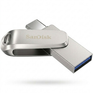 فلش مموری سن دیسک Ultra Dual Drive Luxe ظرفیت 256 گیگابایت با طراحی چرخشی، دو رابط USB Type-C و USB Type-A، استاندارد USB 3.2 Gen1، بدنه فلزی و سازگار با تبلت، گوشی، کامپیوتر و مک