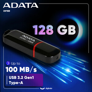 فلش مموری ای دیتا مدل UV150 ظرفیت 128 گیگابایت با رابط USB 3.2 Gen1 و پشتیبانی از انواع سیستم‌عامل، طراحی درپوش‌دار و سازگار با کامپیوتر، لپ‌تاپ، موبایل و تلویزیون