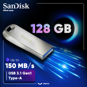 فلش مموری سن دیسک مدل Ultra Luxe ظرفیت 128 گیگابایت با بدنه فلزی، رابط USB 3.1 Type-A، سرعت خواندن 150 مگابایت بر ثانیه و نرم‌افزار کدگذاری SanDisk Secure Access
