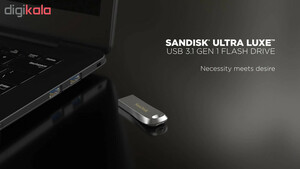 فلش مموری سن دیسک مدل Ultra Luxe ظرفیت 128 گیگابایت با بدنه فلزی، رابط USB 3.1 Type-A، سرعت خواندن 150 مگابایت بر ثانیه و نرم‌افزار کدگذاری SanDisk Secure Access