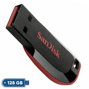 فلش مموری سن دیسک مدل Cruzer Blade CZ50 ظرفیت 128 گیگابایت با رابط USB 2.0، بدنه مات مقاوم در برابر لک و اثر انگشت، سرعت انتقال 30 مگابایت بر ثانیه، قابلیت رمزگذاری اطلاعات و طراحی بدون درپوش با شیار اتصال بند