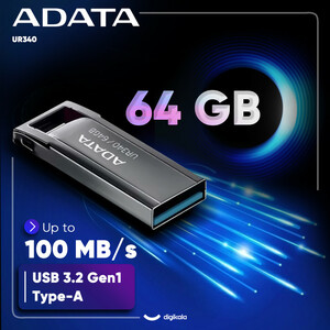 فلش مموری ای دیتا مدل UR340 ظرفیت 64 گیگابایت با بدنه فلزی، رابط USB 3.2 Gen1 Type-A، سرعت انتقال 100 مگابایت بر ثانیه و پشتیبانی از سیستم‌عامل‌های ویندوز، مک و لینوکس