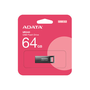 فلش مموری ای دیتا مدل UR340 ظرفیت 64 گیگابایت با بدنه فلزی، رابط USB 3.2 Gen1 Type-A، سرعت انتقال 100 مگابایت بر ثانیه و پشتیبانی از سیستم‌عامل‌های ویندوز، مک و لینوکس
