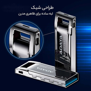 فلش مموری ای دیتا مدل UR340 ظرفیت 64 گیگابایت با بدنه فلزی، رابط USB 3.2 Gen1 Type-A، سرعت انتقال 100 مگابایت بر ثانیه و پشتیبانی از سیستم‌عامل‌های ویندوز، مک و لینوکس
