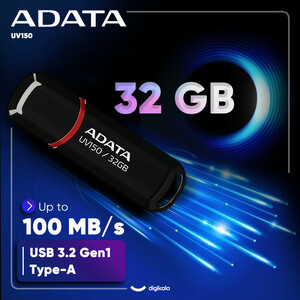 فلش مموری ای دیتا مدل UV150 ظرفیت 32 گیگابایت با رابط USB 3.2 Gen1، سرعت خواندن 90 مگابایت بر ثانیه، سرعت نوشتن 40 مگابایت بر ثانیه، طراحی درپوش‌دار و سازگار با ویندوز، مک و لینوکس