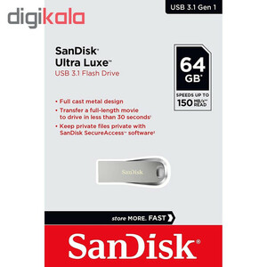 فلش مموری سن دیسک Ultra Luxe ظرفیت 64 گیگابایت با رابط USB 3.1 سرعت خواندن تا 150 مگابایت بر ثانیه، بدنه فلزی مقاوم، پشتیبانی از نرم‌افزار رمزگذاری اطلاعات