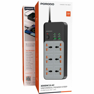 چندراهی برق پورودو Porodo مدل PDFWCH100GY با با 6 سوکت و 6 پورت