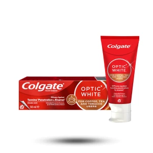 خمیردندان سفیدکننده کلگیت Optic White مخصوص مصرف‌کنندگان قهوه و سیگار حجم ۵۰ میلی‌لیتر