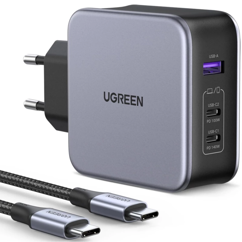 شارژر دیواری یو‌اس‌بی و تایپ‌‌سی فست شارژ 140 وات یوگرین Ugreen CD289 90549 با کابل دوسر تایپ‌سی