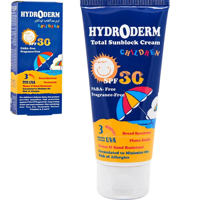 کرم ضد آفتاب کودکان هیدرودرم SPF30 بی رنگ حجم 50 میلی لیتر