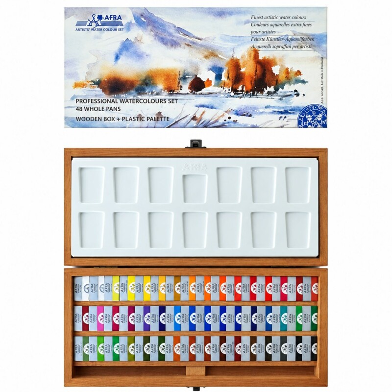 آبرنگ 48 رنگ افرا Afra مدل Professional Whole Pans با جعبه چوبی