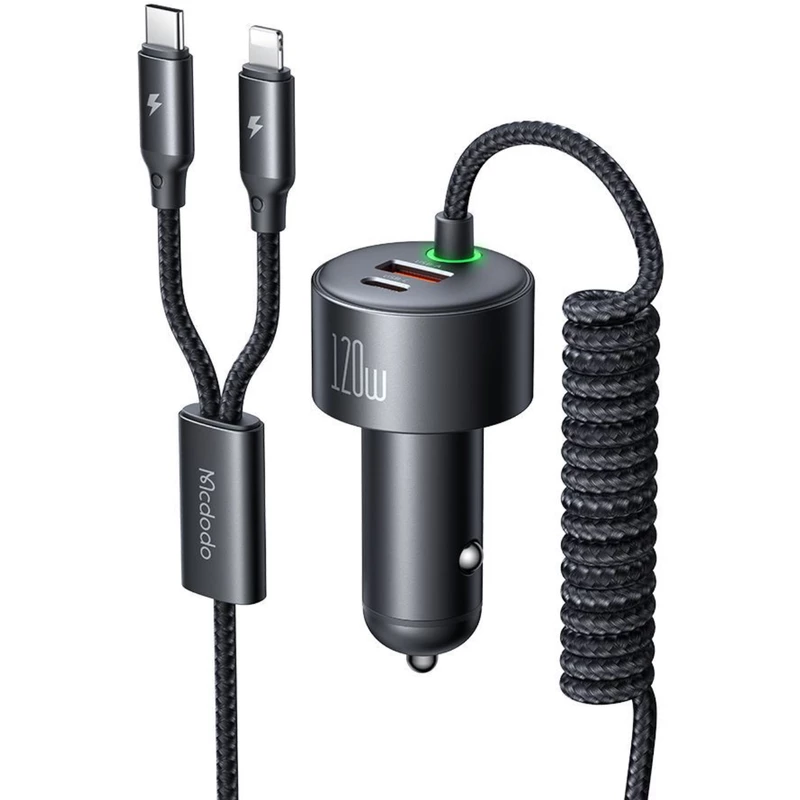 شارژر فندکی فست شارژ ماشین تایپ سی، لایتنینگ و یو اس بی 120 وات مک دودو CC-037