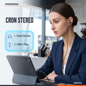 خرید هندزفری سیمی تایپ سی پورودو Porodo مدل PDSTC9WH با میکروفون