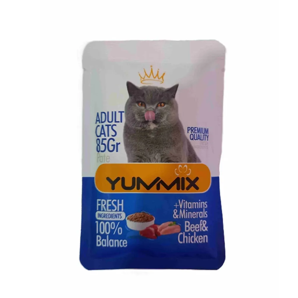 پوچ مخصوص گربه بالغ طعم مرغ و گوشت 85 گرمی Yummix