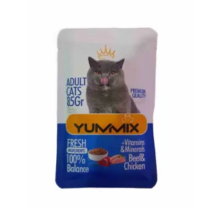 پوچ مخصوص گربه بالغ طعم مرغ و گوشت 85 گرمی Yummix