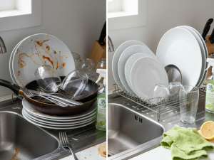 قبل و بعد از تمیز کردن ظروف با یک ترفند ساده (راهکاری سریع و کاربردی)