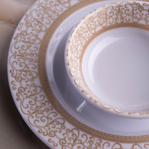 سرویس ۲۶ پارچه شش نفره گرد طرح ترمه سفید ملامین  تورزن