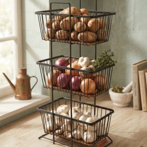 سبد سیب زمینی و پیاز مستطیل ۳ طبقه فلزی با کف چوبی