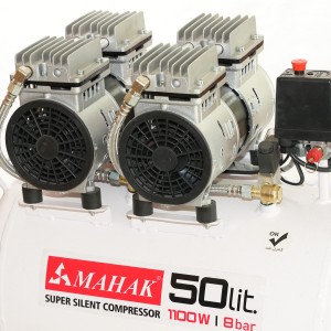 کمپرسور 50 لیتری بیصدا بدون روغن دو موتور محک مجهز به شیر برقی HSU1100-50L