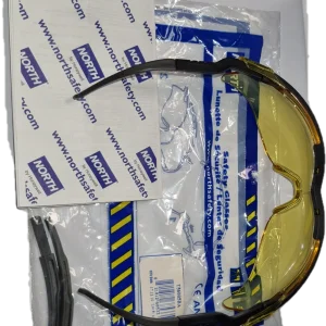 عینک ایمنی نورث مدل N-Vision Honeywell لنز زرد ضد بخار ضد خش آنتی استاتیک فیلتر اشعه ماورای بنفش فریم Elasto LT دسته قابل تنظیم مقاوم در برابر ضربه استاندارد EN166 و ANSI Z80.3 همراه یک عدد دسته اضافی