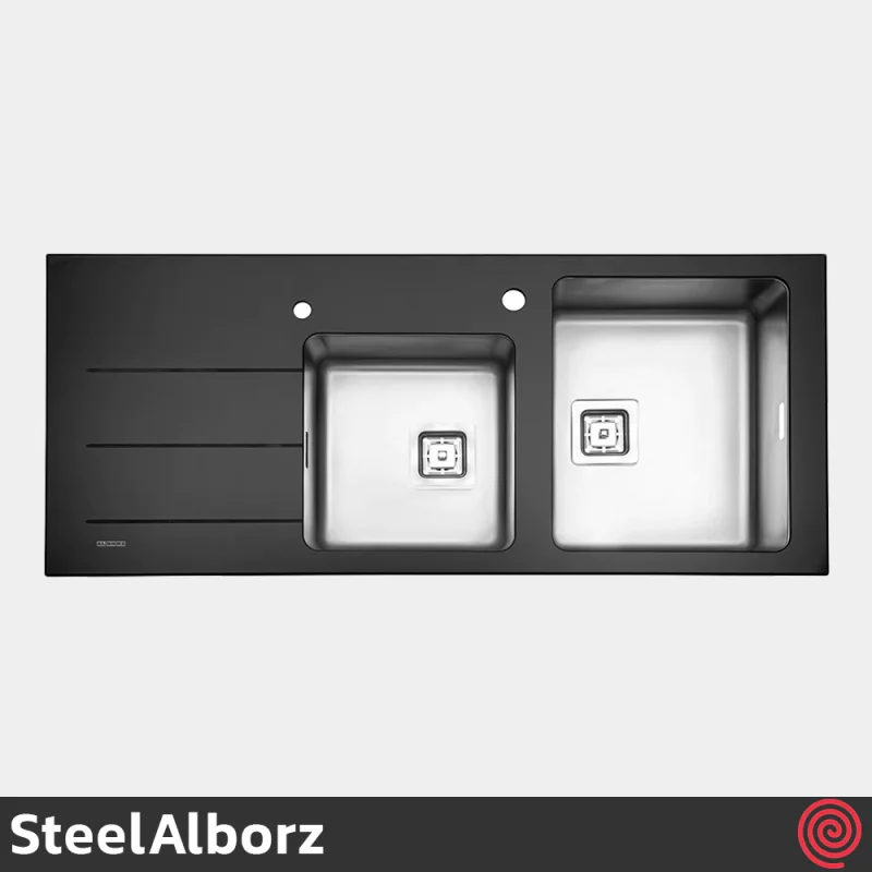 سینک ظرفشویی استیل البرز مدل SteelAlborz Crystal | رنگ مشکی، دو لگنه کریستال توکار