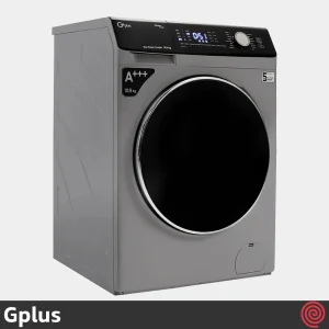نمای مایل ماشین لباسشویی Gplus مدل GWM-M104T با بدنه رنگ تیتانیومی و پنل کنترلی دیجیتال