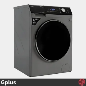 نمای مایل ماشین لباسشویی Gplus مدل GWM-M105T با بدنه تیتانیوم و پنل کنترلی دیجیتال