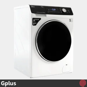نمای مایل ماشین لباسشویی Gplus مدل GWM-P105T با بدنه تیتانیوم و پنل کنترلی دیجیتال