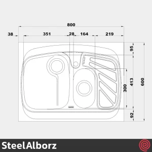 سینک ظرفشویی استیل البرز مدل SteelAlborz 608/60 | یک و نیم لگنه فانتزی روکار