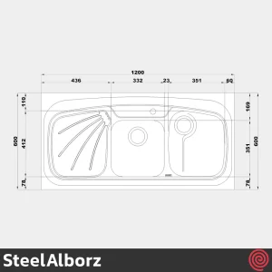 سینک ظرفشویی استیل البرز مدل SteelAlborz 614/60 | دو لگنه فانتزی روکار