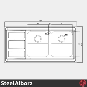سینک ظرفشویی استیل البرز مدل SteelAlborz 765/60 | دو لگنه فانتزی روکار